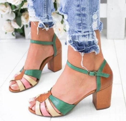 Women's Sandals With Block Heel And Color Block Buckle - Mubimart