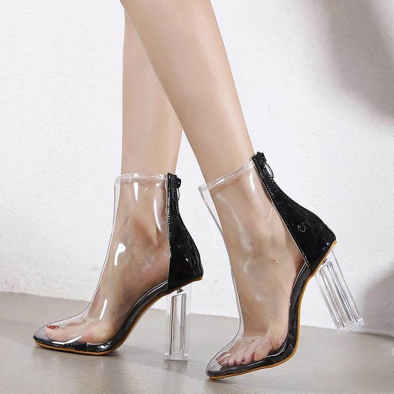 Crystal Thick Heel Transparent Plastic Color Matching High Heel Pointed Toe Women's Sandal Boots - Mubimart