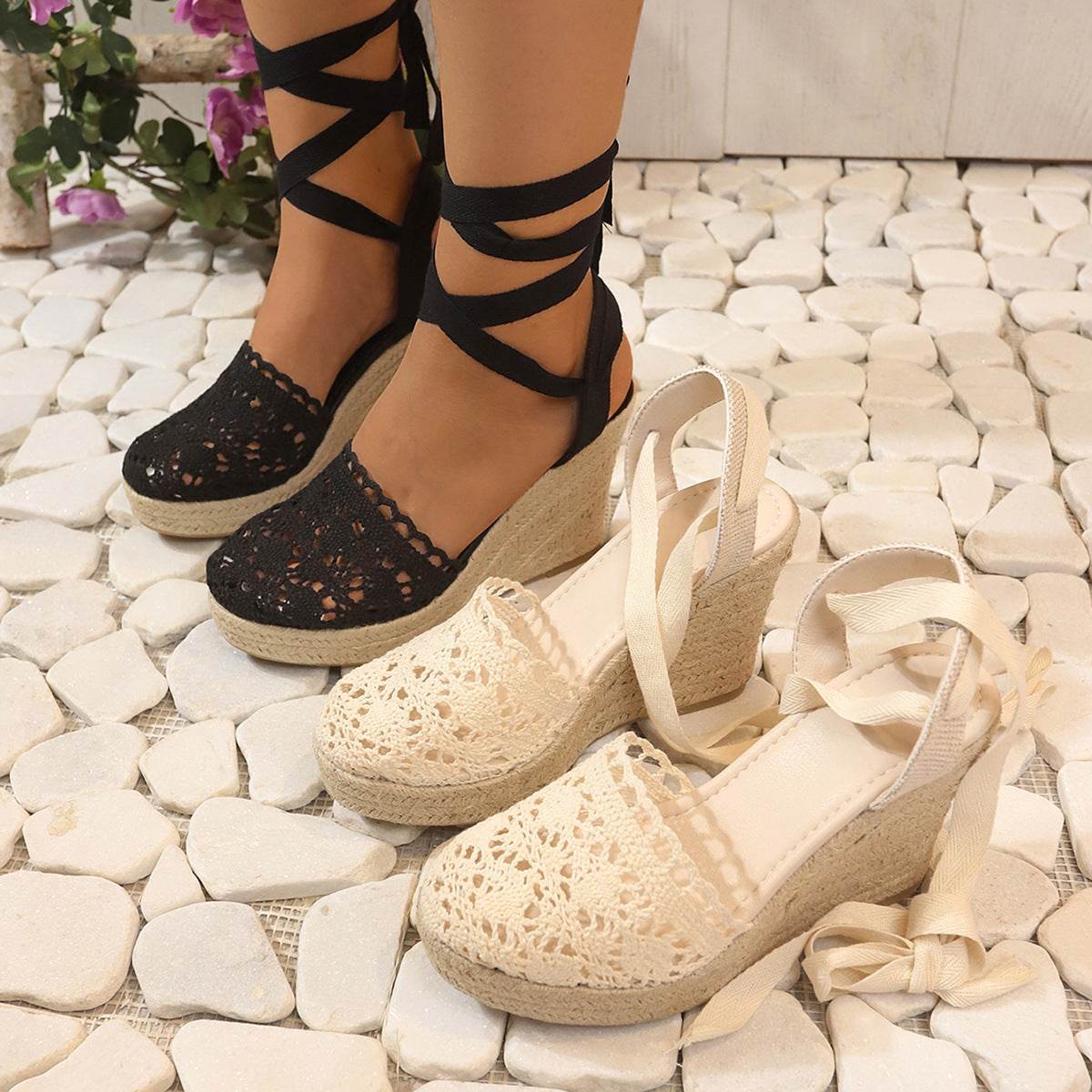 Women's Straw Woven Wedge High Heels Lace Lace-up Sandals - Mubimart