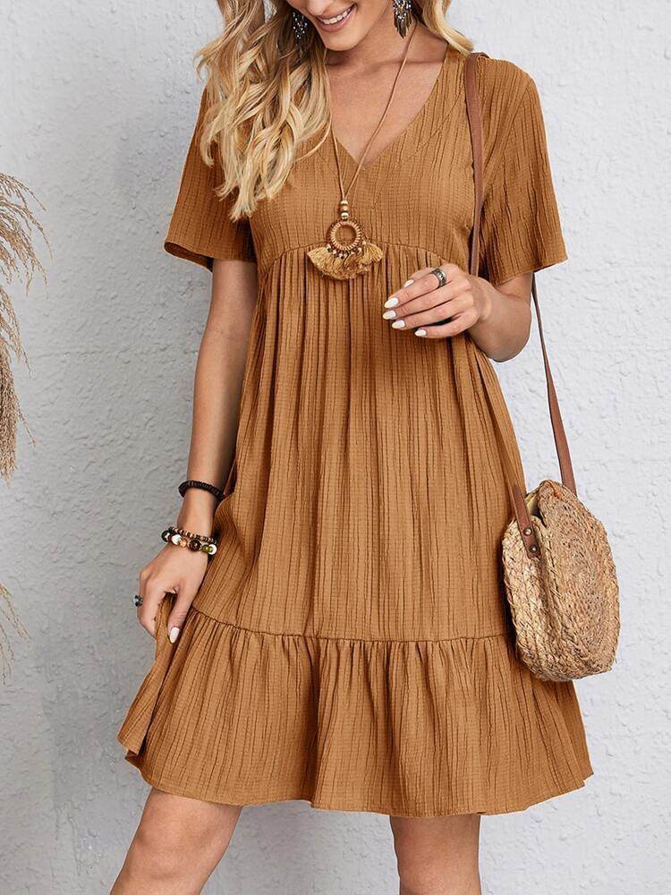 Summer V-neck Dresses Women's Loose Casual Short-sleeved Corset Dress - Mubimart