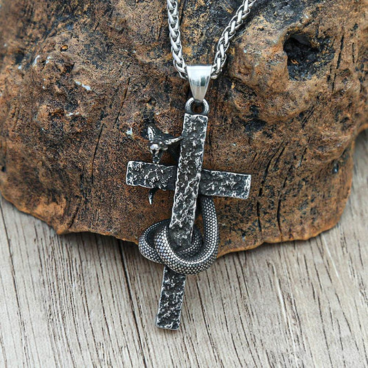 Mens Fashion Vintage Solid Three-dimensional Cobra Cross Pendant Necklace - Mubimart