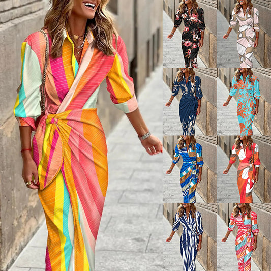 Fashion Printed Shirt Dress With Belt Slim Fit Three-quarter Sleeve Lapel Dress For Women Clothing