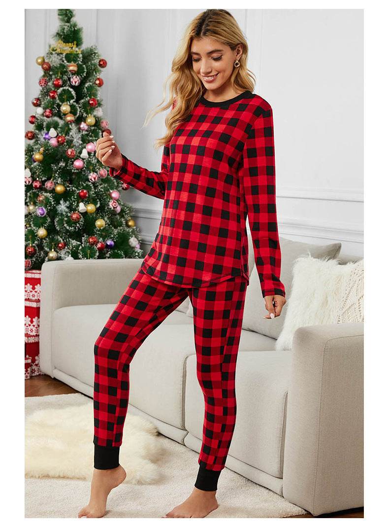 Christmas Long-sleeved Trousers Loungewear Suit Plaid Contrast Color Home Pajamas For Women - Mubimart