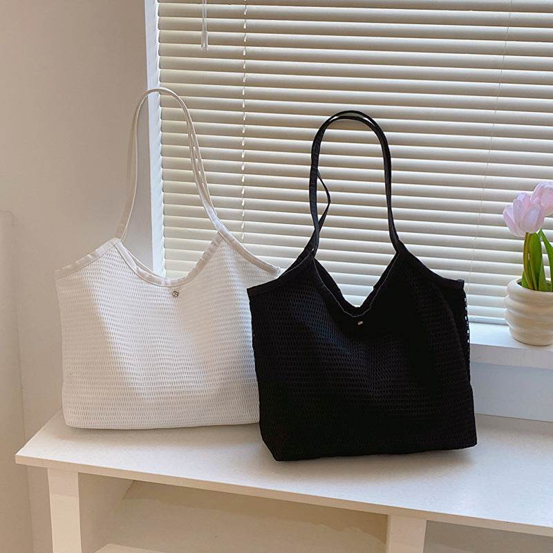 Women Mesh Tote Bag Solid Color Designer Ladies Casual Handbag Shoulder Bag Large Capacity Reusable Shopping Beach Bag - Mubimart