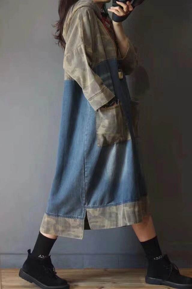 Spring And Autumn New Retro Hooded Plaid Blocks Mid-length Denim Dress For Women Versatile Casual Loose Plus Size - Mubimart