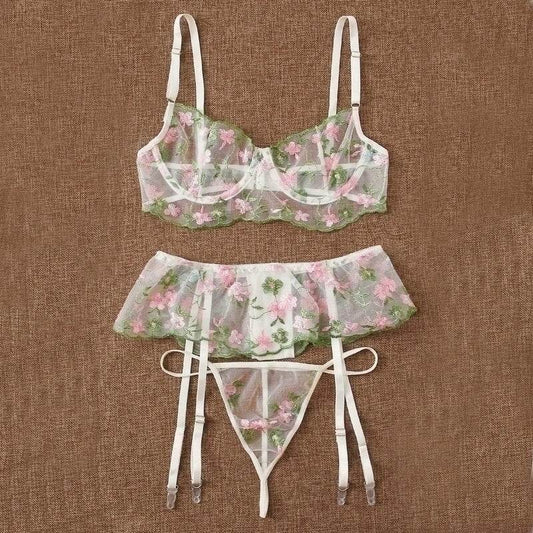 Embroidered Mesh Bra Thong Garter Belt - Mubimart