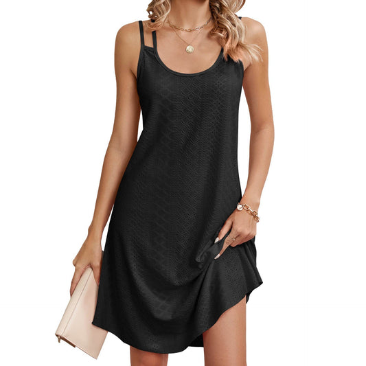 Summer Solid Color Round Neck Suspender Dress Casual Loose Hollow Straight Dresses For Beach Womens Clothing - Mubimart