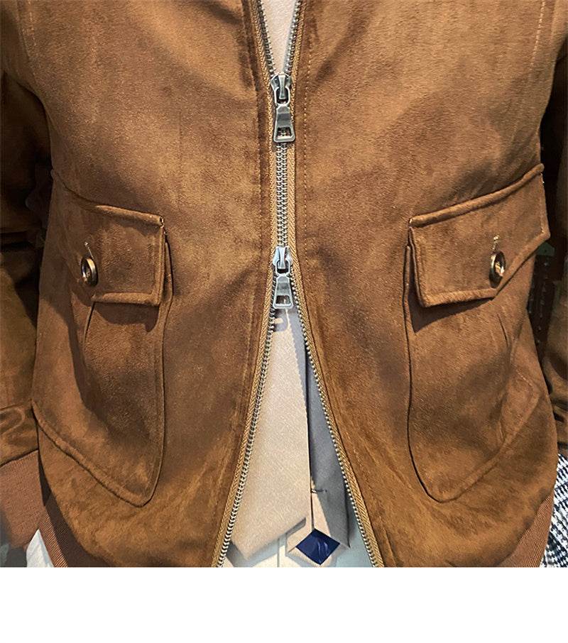 Suede Coffee Bomber Jacket For Man - Mubimart