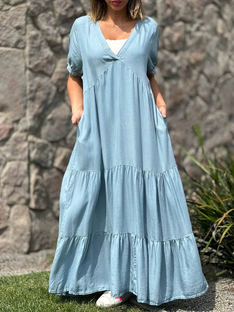 European And American Plus Size Women's Clothes Faux Denim Solid Color And V-neck Long Dress - Mubimart