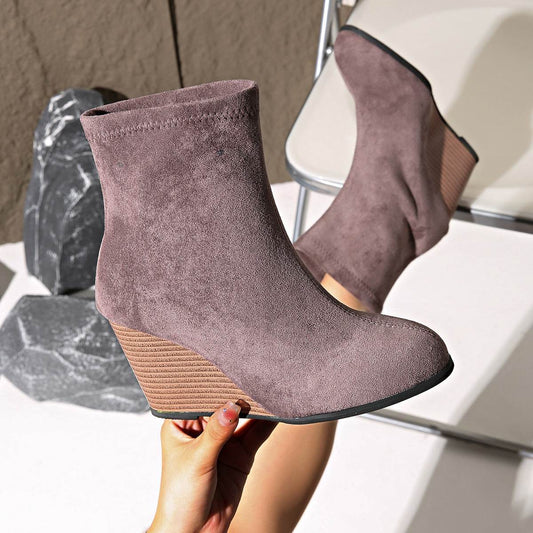 Fashion Thick-soled Wedges Boots Winter Suede Height-increasing Shoes Warm Solid Ankle Boot - Mubimart