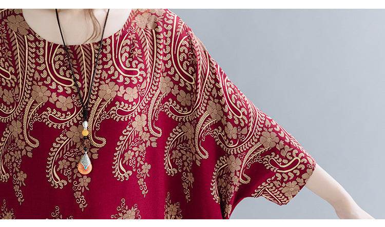 Spring Ethnic Style Plus Size Women's Cotton Silk Robe Loose Dress - Mubimart