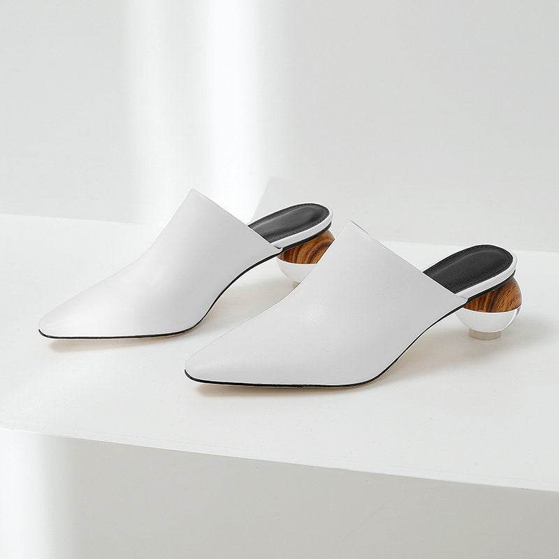 Simple Closed Toe Sandals Pointed-toe Mules Shoes Crystal Thick Heel - Mubimart
