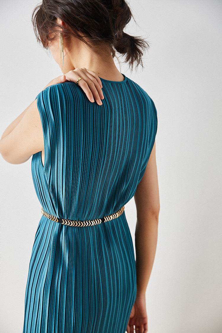 Vintage Inspired Pleated Midi Dress - Mubimart