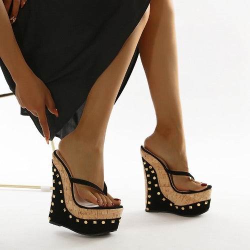 European And American Roman Style Rivets Herringbone Flip Flops Wood Grain Wedge High Heels - Mubimart