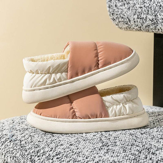 Winter Thickened Warm Cotton Shoes With Back Heel Mixed-color Down Cloth Slipper For Couple Garden Outdoor Indoor Floor Home Slippers Women - Mubimart