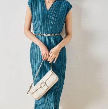 Vintage Inspired Pleated Midi Dress - Mubimart