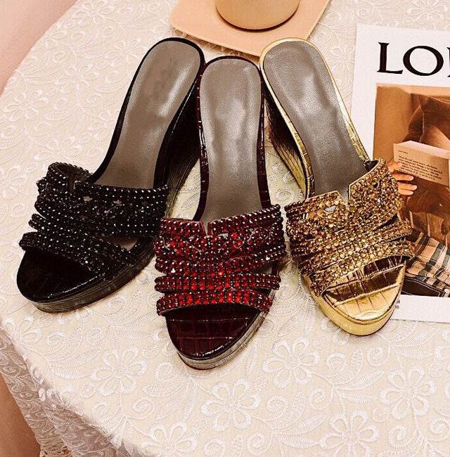 Fashion Wedge Heel Shiny Rhinestone Slippers - Mubimart