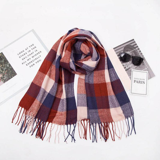 European And American Autumn And Winter Cashmere-like Red Plaid Double-sided Color Plaid Tassel Scarf Women Plus-sized Size Shawl - Mubimart