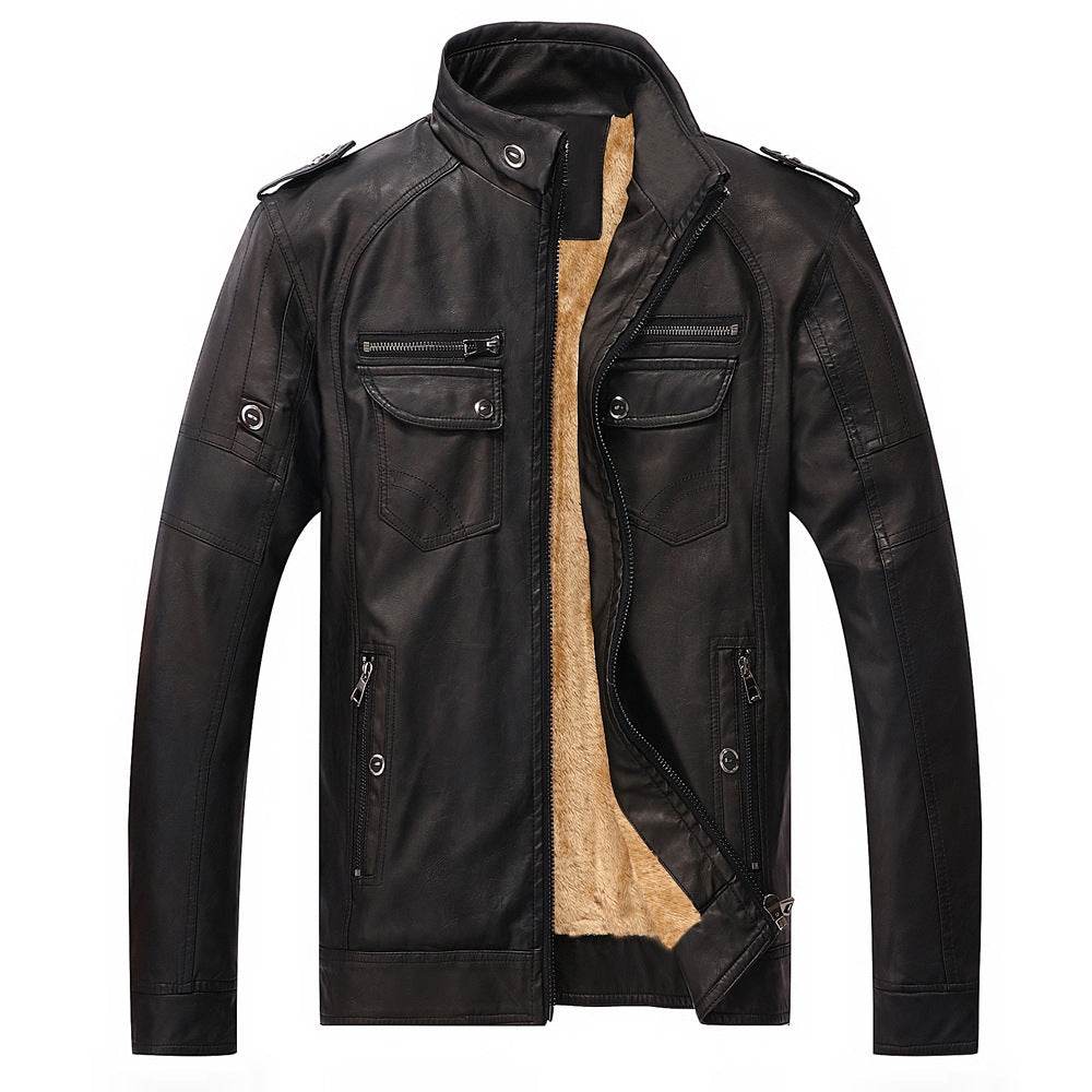 Leather Jacket Plus Velvet Washed Retro Leather Jacket - Mubimart