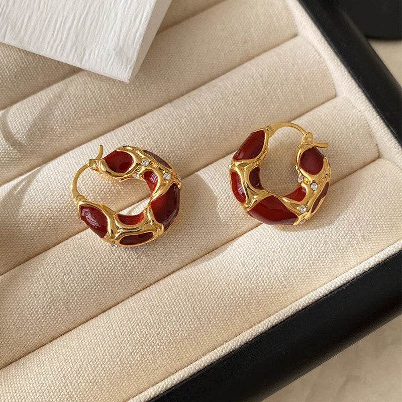 Fashion Jewelry New Trendy Enamel Color Metal Texture Small Hoop Earrings For Women Gold Plated Statement Ear Buckle Creative Jewelry Gifts - Mubimart