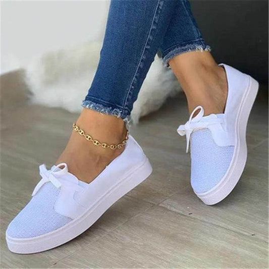 Lace-up Canvas Flat Shoes Women White Flats Sneakers - Mubimart