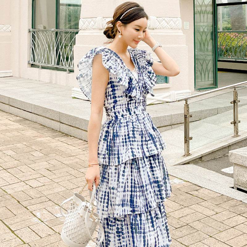 Summer Socialite Elegant V-neck High Waist Heavy Work Tie-dyed Waist Slim Mid-length Cake Dress - Mubimart