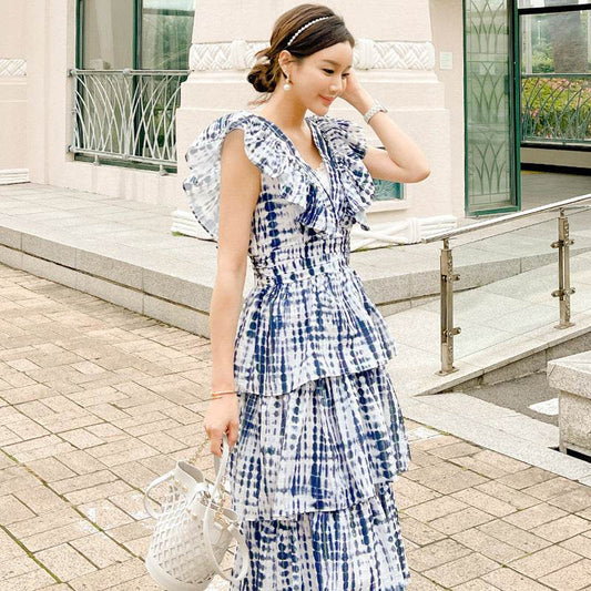 Summer Socialite Elegant V-neck High Waist Heavy Work Tie-dyed Waist Slim Mid-length Cake Dress - Mubimart