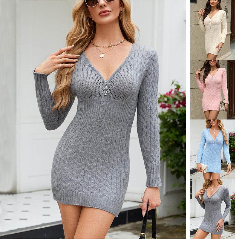 Slim Zipper V-Neck Long Sleeve Knit Dress Ins Fashion Solid Color Hip Dress Women's - Mubimart