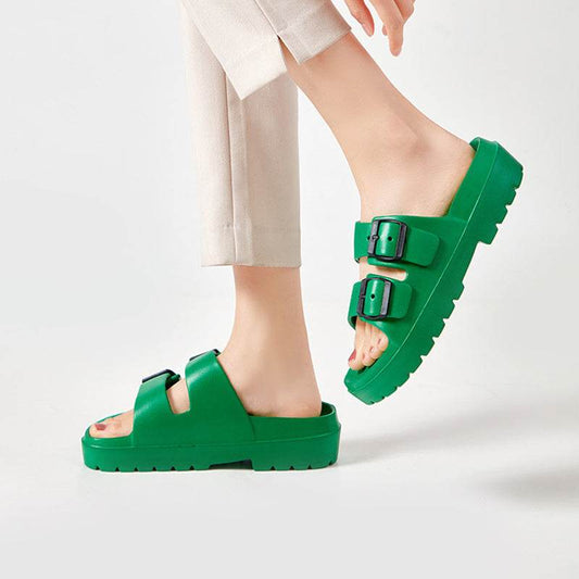 Fashion Double Buckle Slippers Summer Platform Garden Beach Shoes Casual Non-slip Floor Bathroom Home Slipper For Women - Mubimart