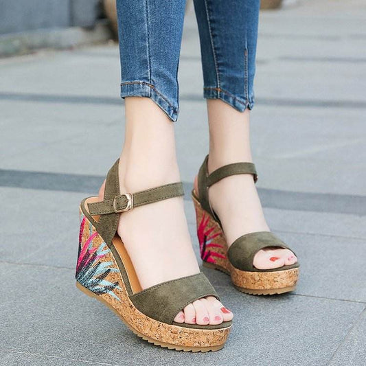 Cross Wedge Embroidered Sandals New Summer High Heels National Style Roman Women's Sandals Toe Women's Shoes - Mubimart