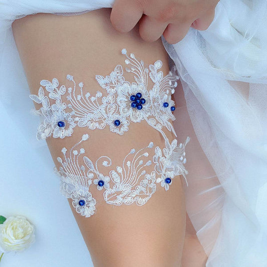 European And American Bridal Lace Garter Belt Blue Pearl Garter Belt Sexy Elastic Leg Loop - Mubimart
