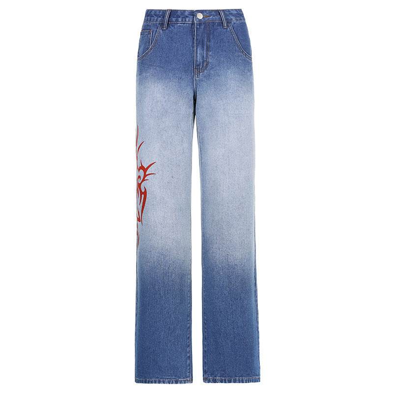 Retro Gradient Printed Washed Straight Skinny Jeans Women Women - Mubimart