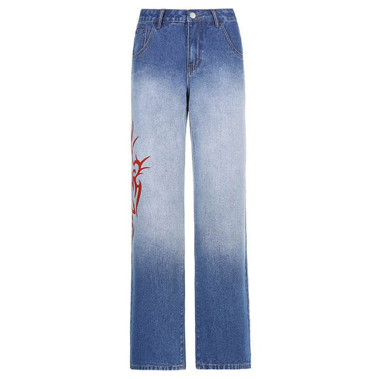 Retro Gradient Printed Washed Straight Skinny Jeans Women Women - Mubimart