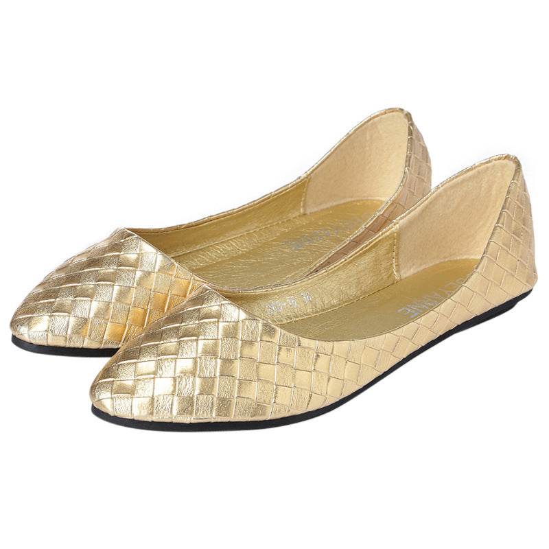 Women's Woven Golden Silver Flat Pointed Toe Shoes - Mubimart