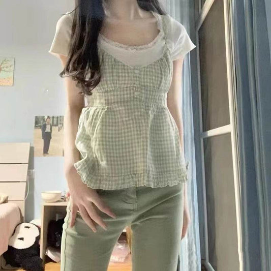 Women's Temperament Fashion Plaid Camisole Top - Mubimart