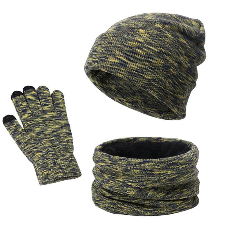 Knitted Three-piece Hat Scarf Touch Screen Gloves Plus Velvet Outdoor Solid Color - Mubimart