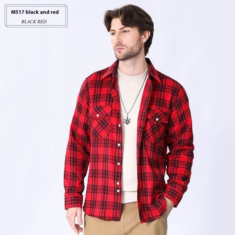 Vintage Flannel Men's Long Sleeve Brushed Plaid Shirt Coat - Mubimart