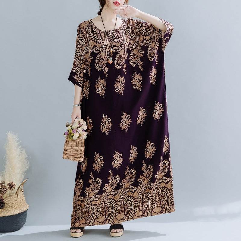 Spring Ethnic Style Plus Size Women's Cotton Silk Robe Loose Dress - Mubimart