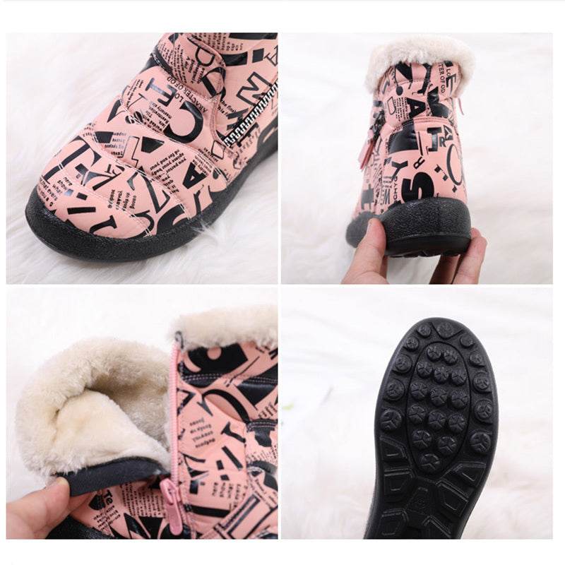 Letter Print Boots Winter Warm Plush Snow Boot Women Shoes - Mubimart