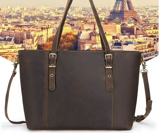 Vintage Style Ladies Genuine Leather Shoulder Bag Women Leather Handbag Tote Bag - Mubimart