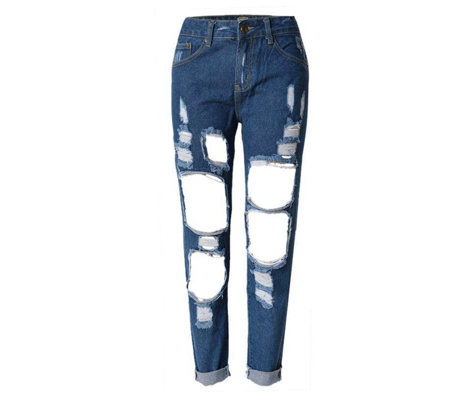 Ripped Jeans High Waist Women Ripped Hole Knee Skinny Pants - Mubimart