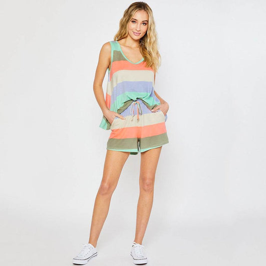 Womens Rainbow Stripes Short Sleeve Pajama Set Night Lounge Top Short - Mubimart
