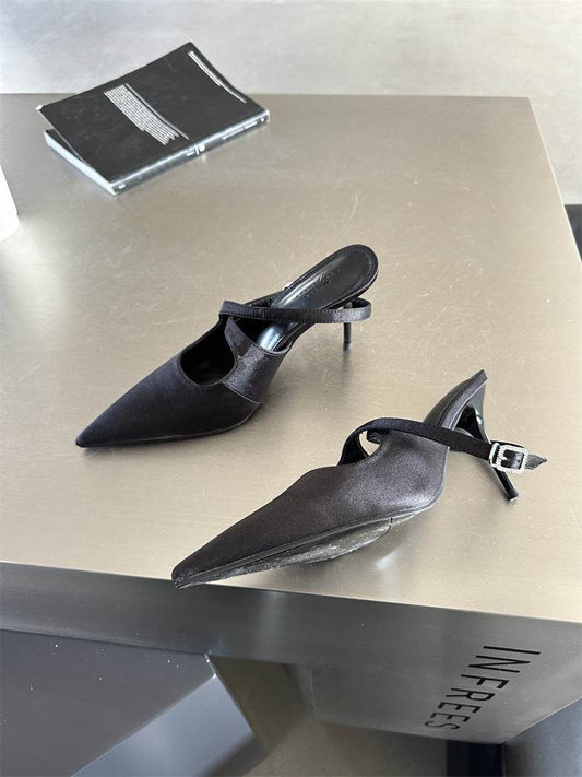 Elegant Pointed Toe Spring And Summer Light Satin Sandals Cross Strap Kitten Women's High Heels - Mubimart