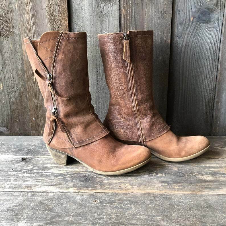 Women's Fashion Casual Side Zipper Mid-calf Leather Boots - Mubimart