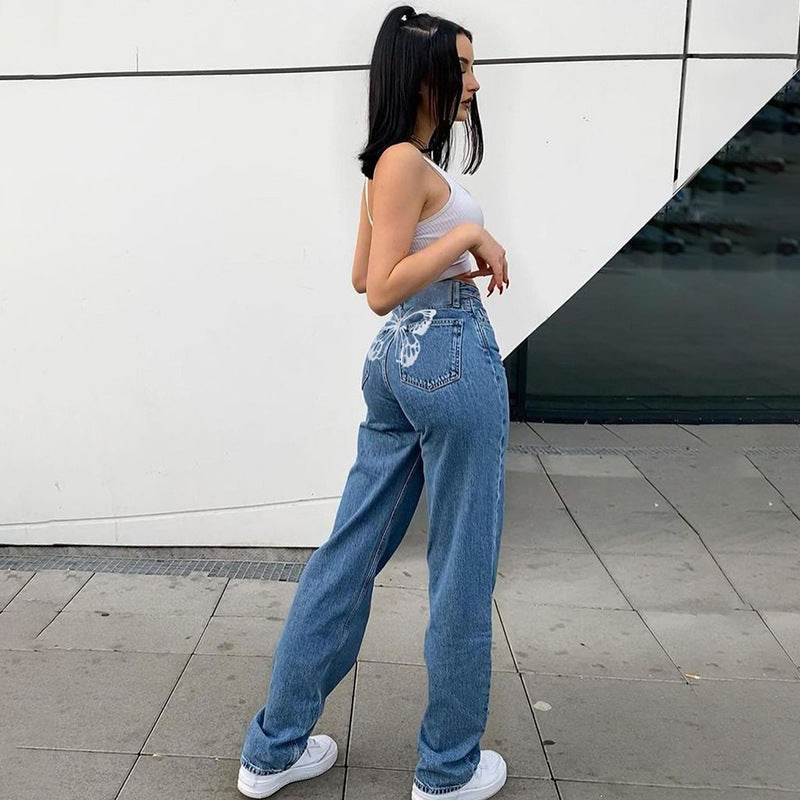 Retro Gradient Printed Washed Straight Skinny Jeans Women Women - Mubimart