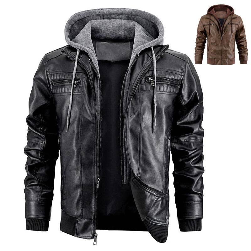 Hooded Jacket With Zipper Pockets Fashion Warm Pu Leather Coat Mens Clothing - Mubimart