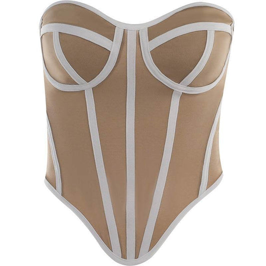 Tube Top Backless Design Lines Contrast Color Corset Top For Women - Mubimart