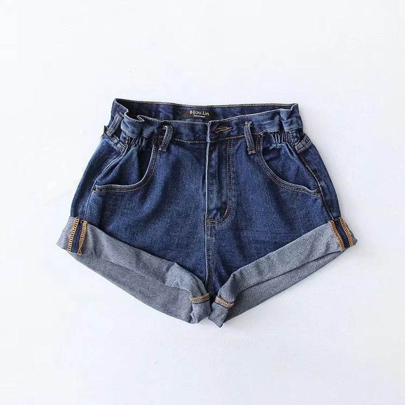 Fashion Five-color Elastic Waist Rolled Edge Denim Shorts Women - Mubimart