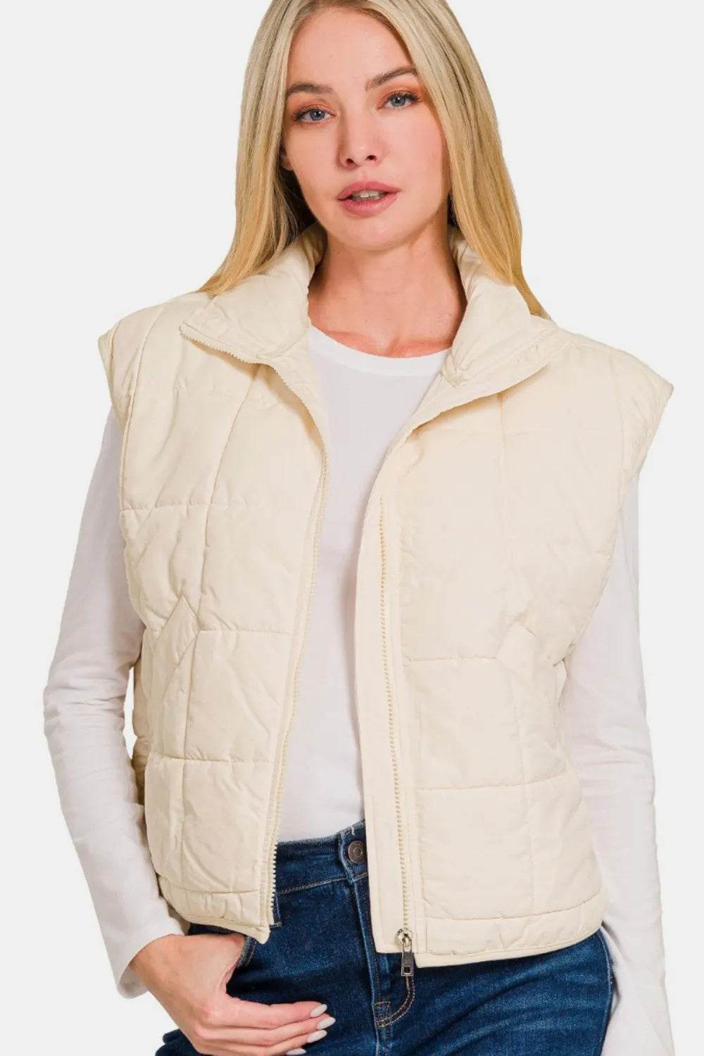 Zenana Zip Up Cropped Puffer Vest With Pockets - Mubimart