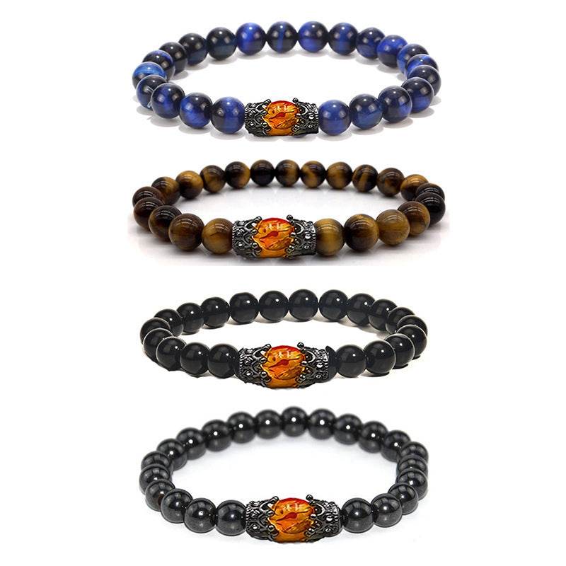 Obsidian Tigereye White-barked Pine Vintage Alloy Crown Bracelet European And American Men And Women Beaded Bracelet - Mubimart